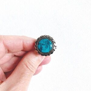 Stamped Turquoise Silver Adjustable Band Ring Native American